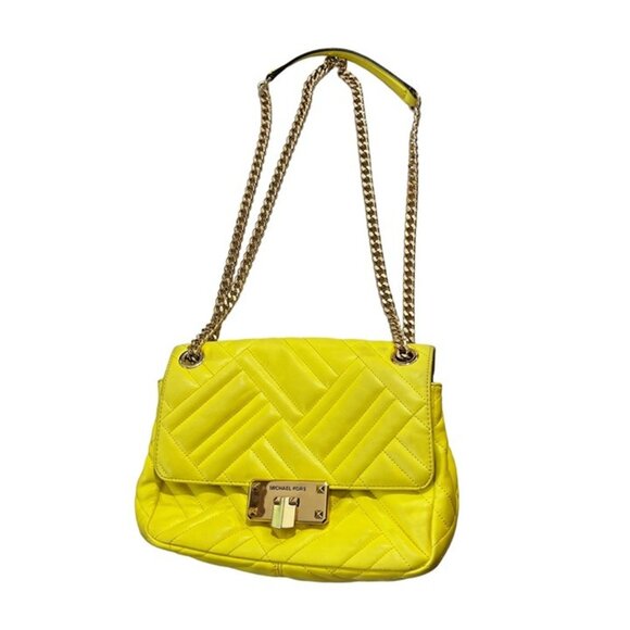 Michael Kors Peyton Vegan leather cross body purse yellow quilted chain strap - Picture 9 of 12